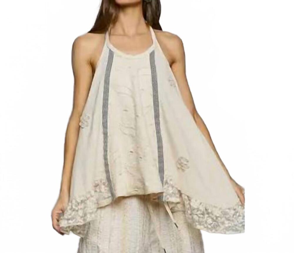 NEW POL halter neck double gauze lace ruffle sleeveless top in natural